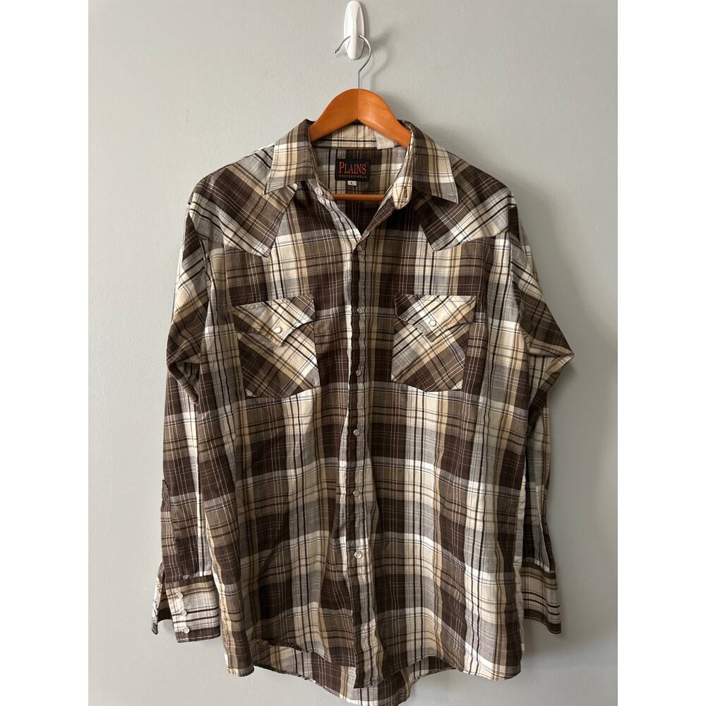 Plains Western Wear Pearl Snap Shirt Mens Large Brown Plaid Cowboy Rodeo Button